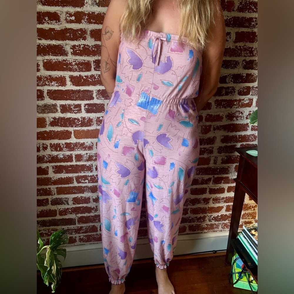 Vintage 80s lightweight strapless pink abstract floral jumpsuit